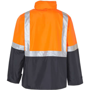 A Hi-Vis two-tone safety jacket in orange and black, featuring silver reflective strips and a collar.