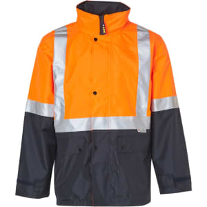A Hi-Vis two-tone rainproof safety jacket in orange and navy, featuring reflective 3M tapes and a logo.