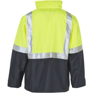 A bright yellow and black rainproof safety jacket featuring reflective 3M tapes, with a logo on the back.