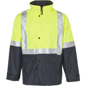 Hi-Vis two-tone rainproof safety jacket in bright yellow and navy, featuring 3M reflective tape and pockets.