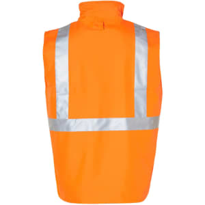 A bright orange reversible safety vest featuring reflective silver hoop patterns and a collar.