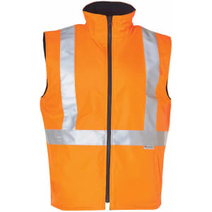A bright orange reversible safety vest with silver hoop pattern reflective tapes. It features a high collar and a zip front.