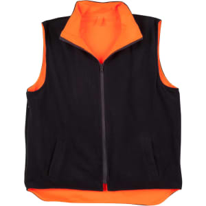A reversible safety vest featuring a black exterior and bright orange interior, designed with pockets and a zip front.