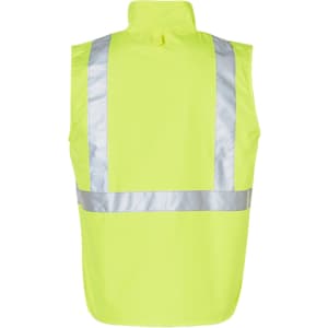 A bright yellow reversible safety vest featuring reflective hoop pattern 3M tapes on the back. It has a logo.