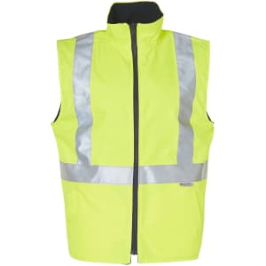 A bright yellow reversible safety vest with silver reflective 3M tape in a hoop pattern, featuring a zip closure.