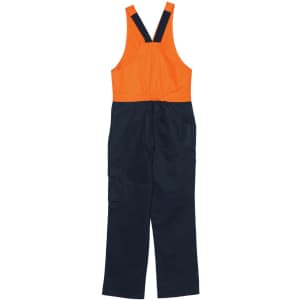 Two-tone men's overalls featuring an orange top and navy bottom, designed with adjustable straps and multiple pockets.