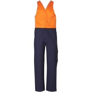 Two-tone men's cotton drill overalls in orange and navy blue, featuring pockets and a logo.