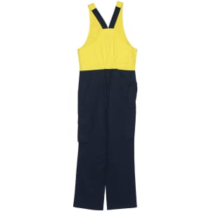 A two-tone men's cotton drill overall in navy and yellow with adjustable straps and multiple pockets.