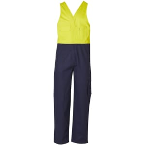 Two-tone men's cotton drill overall featuring a yellow top and navy bottom, with multiple pockets and a logo.