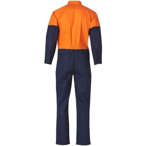 A hi-vis two-tone men's cotton drill coverall in orange and navy, featuring an elastic waist and long sleeves.