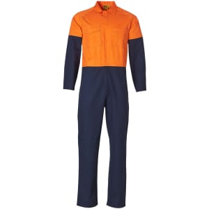 Hi-vis two-tone men's cotton drill coverall in orange and navy, featuring long sleeves and two chest pockets.