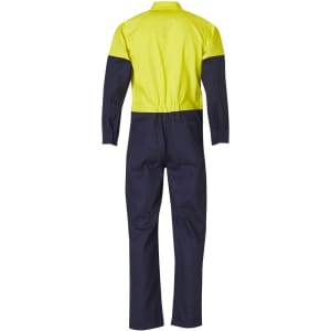 A men's cotton drill coverall in hi-vis yellow and navy, featuring long sleeves and a back view. It includes a logo.