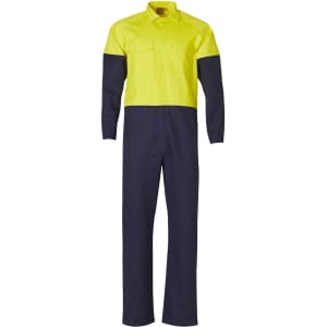 A Hi-Vis two-tone men's cotton drill coverall in bright yellow and navy blue, featuring two front pockets and a logo.