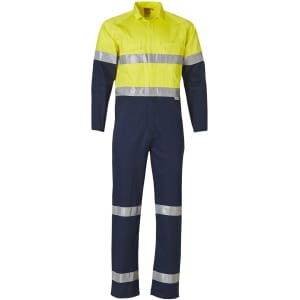 A high-visibility men's lightweight cotton coverall in yellow and navy, featuring reflective 3M tape.