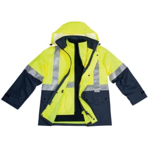 A high-visibility three-in-one safety jacket in bright yellow and navy, featuring reflective strips and a detachable inner layer.