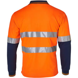 A long-sleeve safety polo shirt in bright orange and navy, featuring reflective tape across the back.