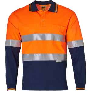 Men's long-sleeve safety polo shirt in orange and navy, featuring reflective strips and a pocket. Includes branding.