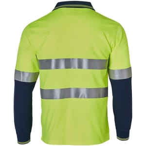 A long-sleeve work polo shirt in high visibility yellow with navy sleeves and reflective tape stripes.
