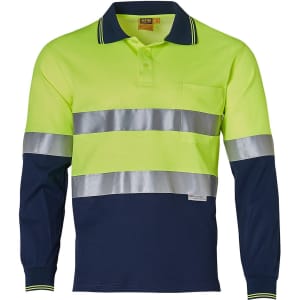 A long-sleeve safety polo shirt in fluorescent yellow and navy, featuring reflective stripes and a pocket.