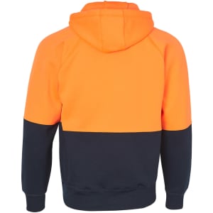 A two-tone fleecy hoodie featuring bright orange on the hood and top, and navy blue on the lower section.It includes a logo.