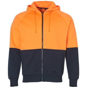 A Hi-Vis two-tone fleecy hoodie featuring an orange upper and navy lower, with a front zipper and hood.