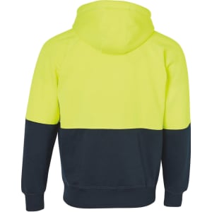 A two-tone hooded fleece jacket featuring a high visibility yellow upper and a navy lower section, with a hood at the back.