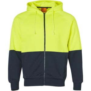 A Hi-Vis two-tone fleecy hoodie in fluorescent yellow and navy blue, featuring a hood and a front zipper.