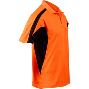 A vibrant orange men's polo shirt with black accents and a pocket, designed for safety and workwear.