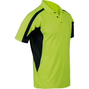A bright hi-vis yellow and black safety polo shirt with a collar and short sleeves, featuring a pocket and logo.