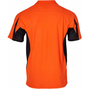 An orange and black men's safety polo shirt featuring a logo, with a short-sleeve design and a back view.