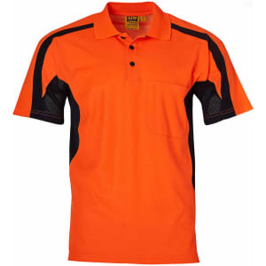 An orange short-sleeve safety polo shirt featuring black side panels and a chest pocket. It includes a logo.