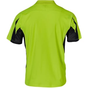 A safety polo shirt featuring a bright lime green body with black accents. It has a logo on the back.