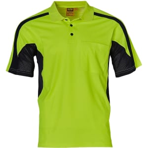 A short-sleeved safety polo in bright yellow with black accents and a chest pocket, featuring a logo.