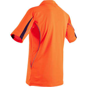 A high-visibility short-sleeve polo shirt in bright orange, featuring a logo and contrasting panels.