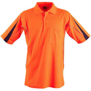 An orange hi-vis short-sleeve polo shirt with black detailing and a chest pocket. Features a logo on the collar.