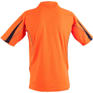 An orange hi-vis short-sleeve polo shirt with contrasting details and a logo on the back.