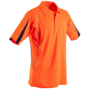 An orange men's polo shirt with short sleeves, featuring a pocket and contrasting dark blue accents. It has a logo.