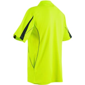 A high-visibility short-sleeve polo shirt in bright yellow, featuring contrasting dark detailing and a logo.