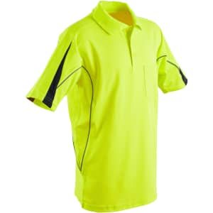 A high-visibility short-sleeve polo shirt in bright yellow with black accents and a pocket. It features a logo.