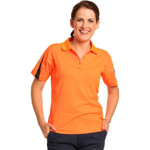 A bright orange ladies' polo shirt with a black accent, featuring a collar and short sleeves. It has a logo.