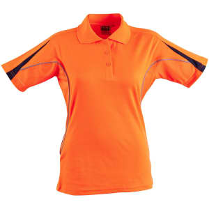A women's short-sleeve polo shirt in bright orange with contrasting black details and a logo.