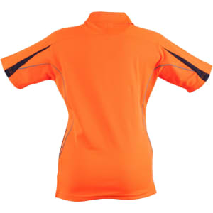 A women's short-sleeve polo shirt in bright orange with black accents and a logo on the back.