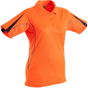 A bright orange short-sleeve polo shirt with black accents and a logo. Ideal for workwear use.