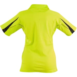 A bright yellow short-sleeve polo shirt with black detailing and a logo on the back.