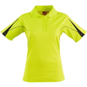 A ladies' short-sleeve polo shirt in fluorescent yellow with black accents and a logo.