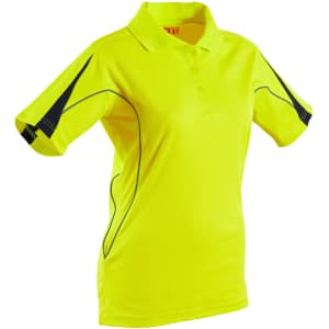 A ladies' short sleeve polo shirt in high-visibility yellow with black detailing and a logo.