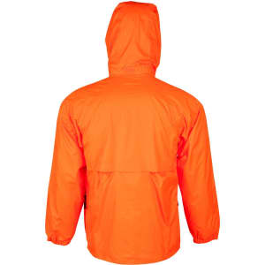 An orange hi-vis spray jacket with a hood, featuring elastic cuffs and a back vent, and includes a logo.