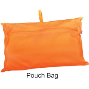 An orange pouch bag featuring a zip closure and a hanging loop for easy carrying.