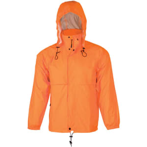 An orange hi-vis spray jacket with a hood and adjustable features, featuring a logo.