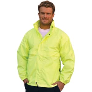 A vibrant yellow hi-vis spray jacket featuring a collar, front pockets, and a branded logo.